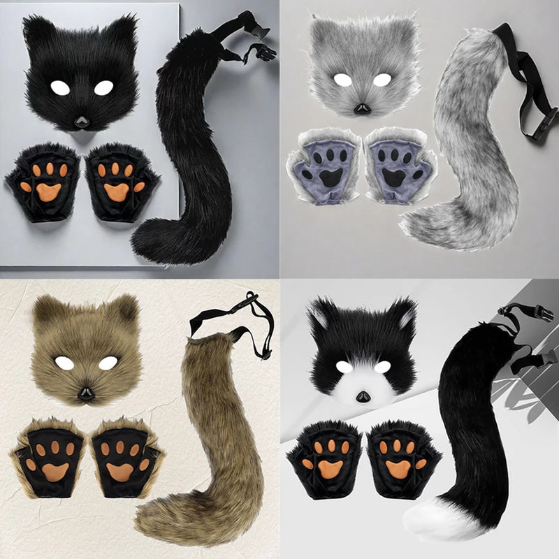 Halloween Fox Mask and Tail Set Cosplay Costume Accessories for Theme Parties