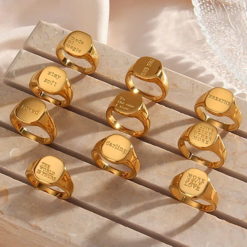 Minimalist Letter Word Silver Stainless Steel Ring for Women - Water Resistant, Gold Plated