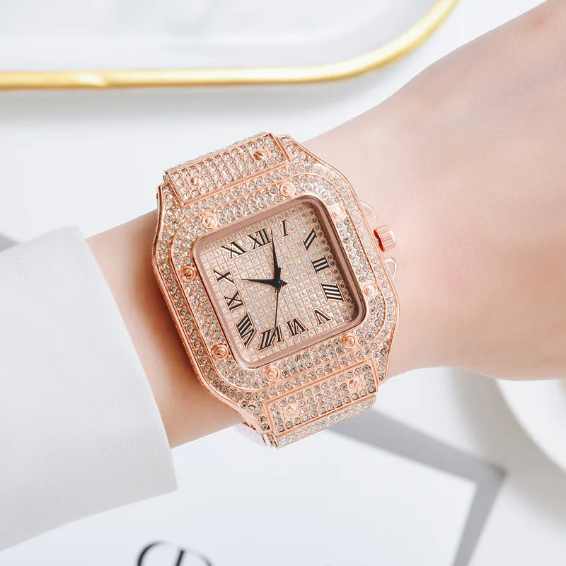 Luxury Diamond Square Quartz Watch for Men and Women with Stainless Steel Strap