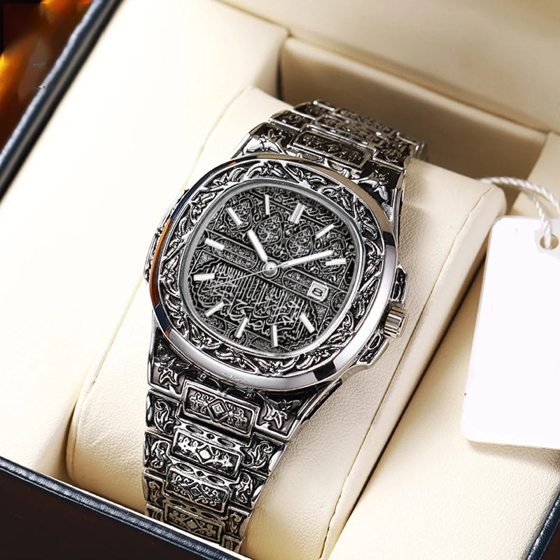 Vintage Men Quartz Watch Auto Calendar Stainless Steel Strap Analog Wristwatch