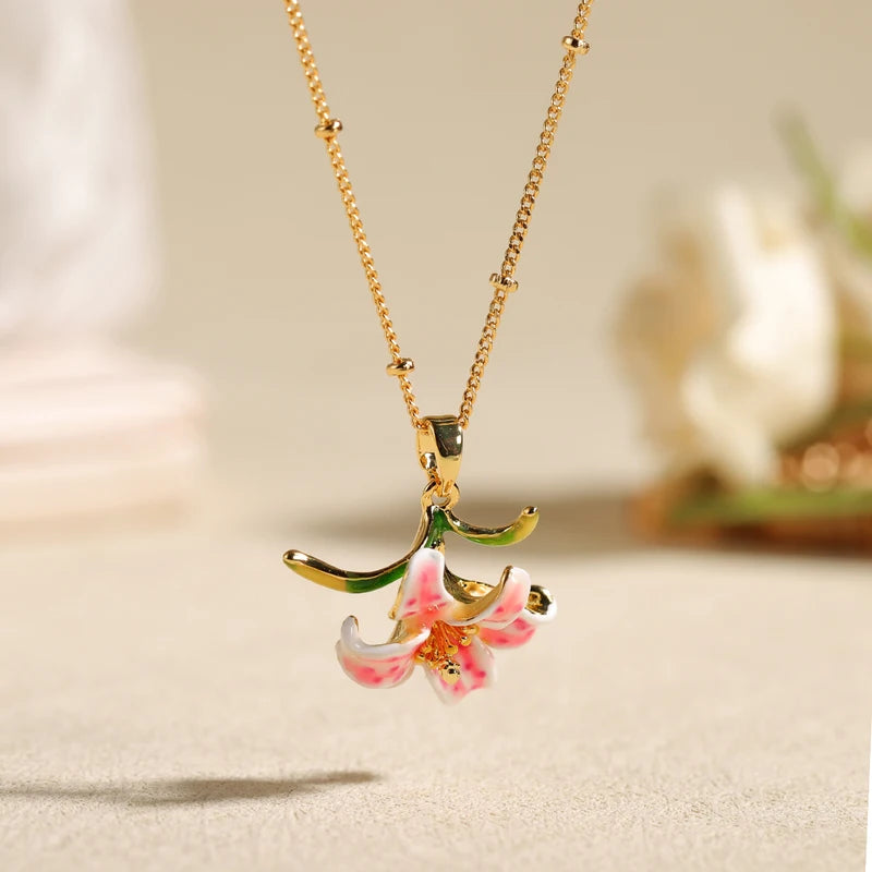 Pink Lily Flower Pendant Necklace for Women - Gold Plated Floral Charm Jewelry