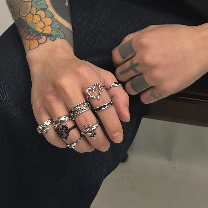 Goth Vintage Silver Open Ring Set for Men - 9 Pcs Stylish Metal Jewelry