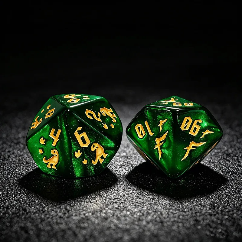 7-Piece Green Dinosaur Dice Set with Gold Skeleton & Footprint Symbols for RPG & D&D
