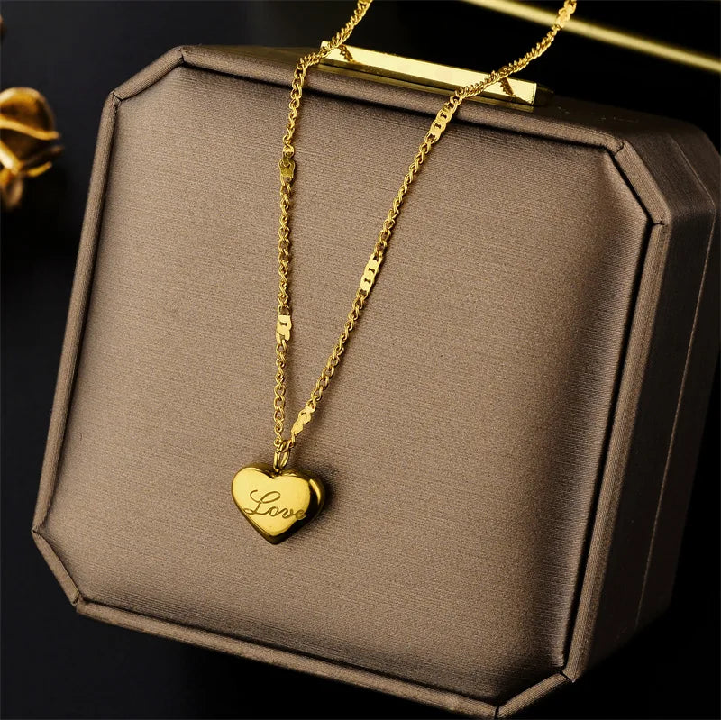 Luxury Titanium Steel Heart Love Square Necklace Pendant Chain for Women