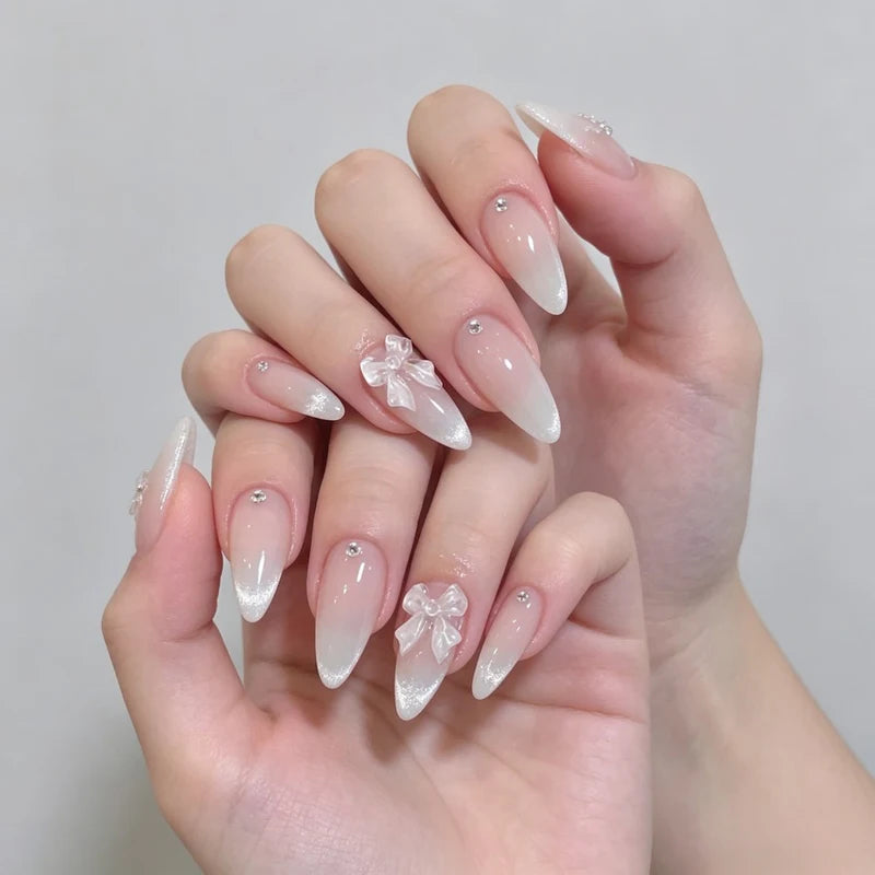 24Pcs French Press Nail Art Set with Diamond-Pointed Bow Knots for Women & Girls - Almond Shape