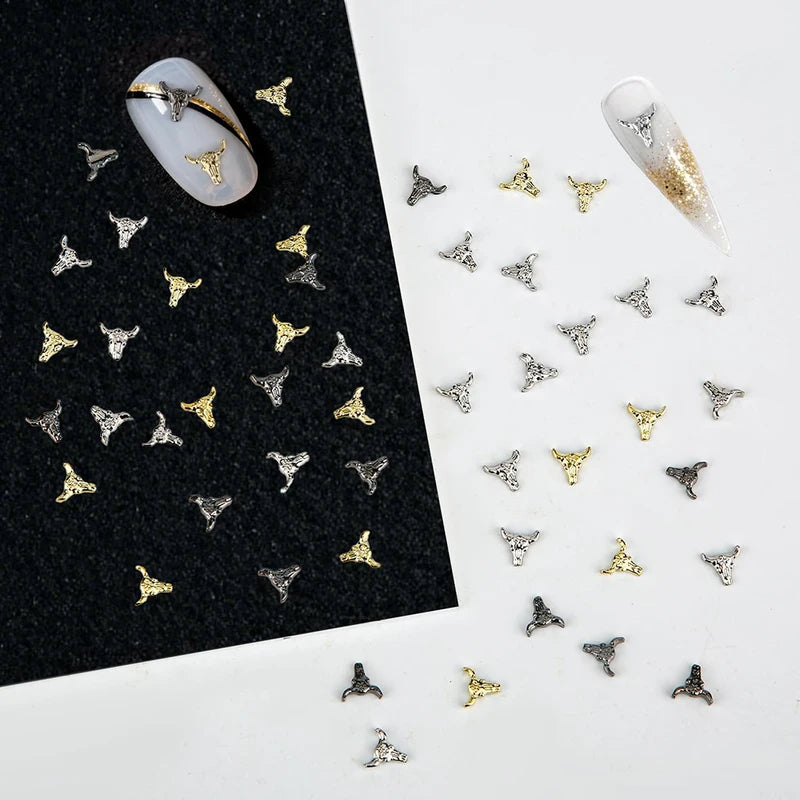 30 Pcs Western Cowboy Nail Charms Halloween Bull Head Nail Art Decorations