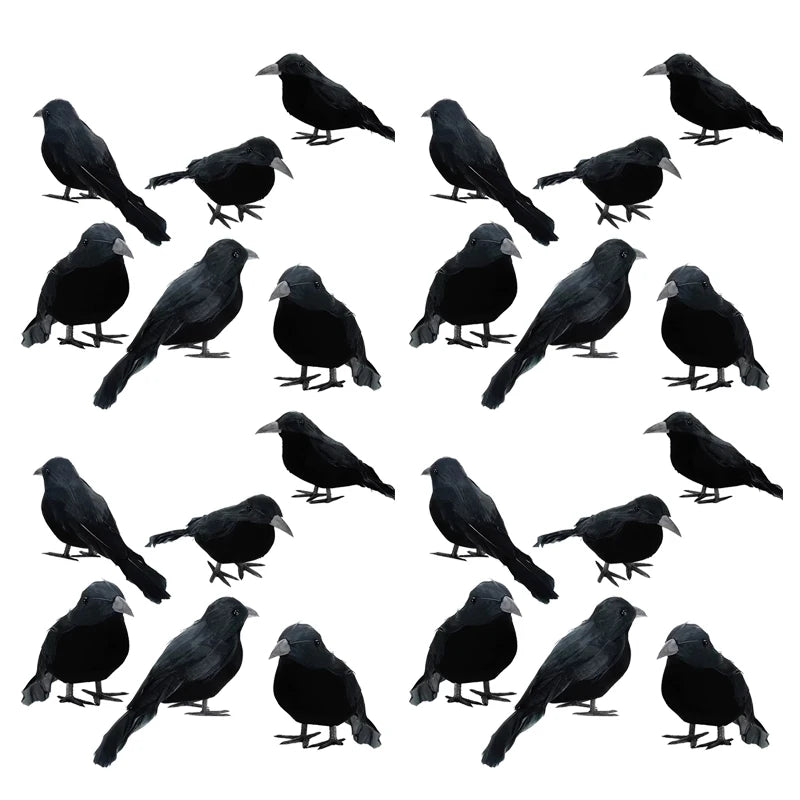 Lifelike Black Crow Halloween Decorations Set of 6 - Faux Feather Crows for Party & Garden