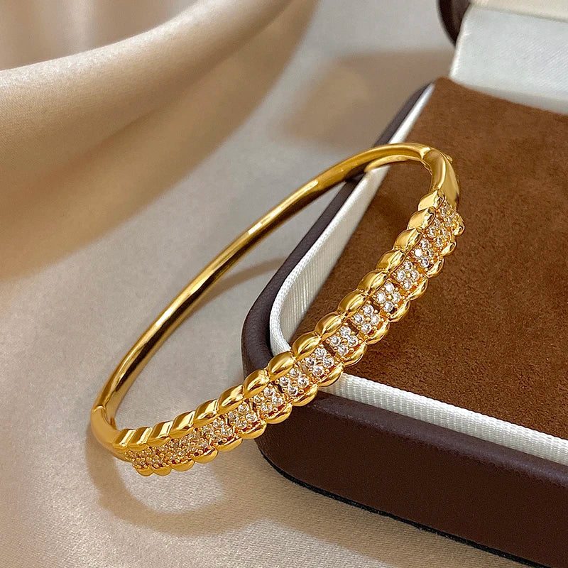 Multilayer Zircon Cuff Bracelet for Women Gold Plated Copper Jewelry