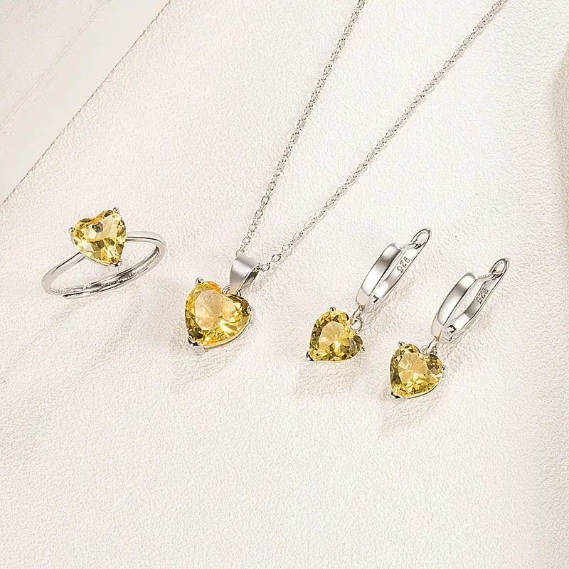 Sterling Silver Jewelry Set for Women Heart Zircon Ring Earrings Necklace Bridal Wedding