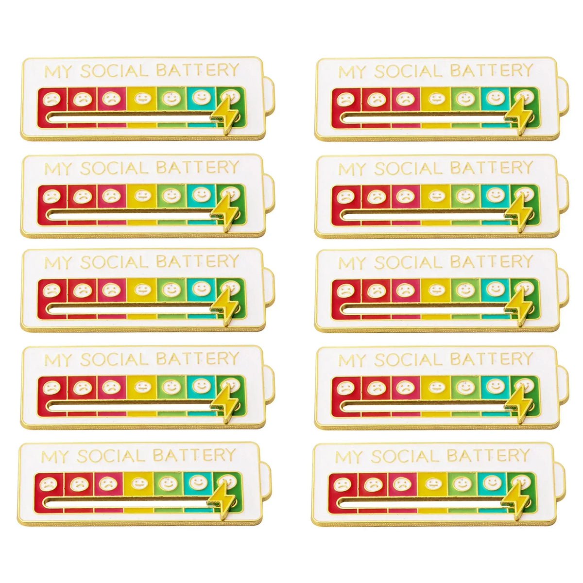 10-Pack Social Battery Badge Pins Mood Expression Brooches for Women & Men