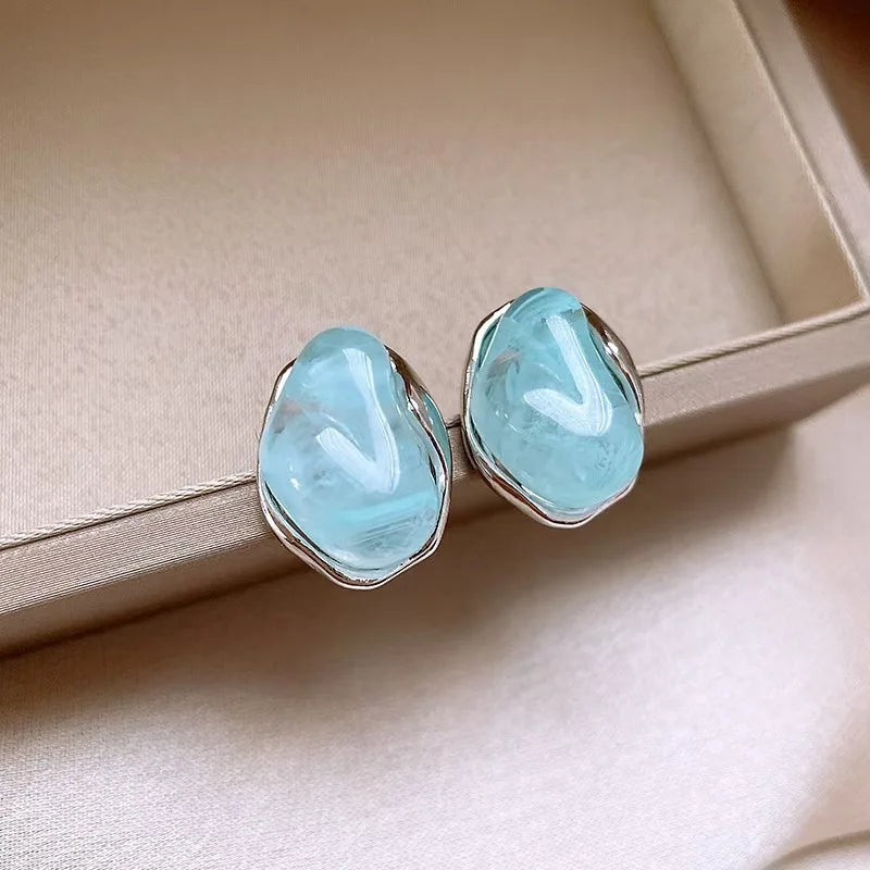 Unique Geometric Bean Stud Earrings with Blue Jelly Resin - Cute Jewelry Gift
