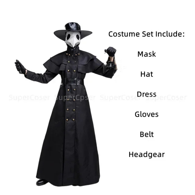 Medieval Hooded Robe Plague Doctor Costume Cloak Mask Hat for Men Steampunk Cosplay
