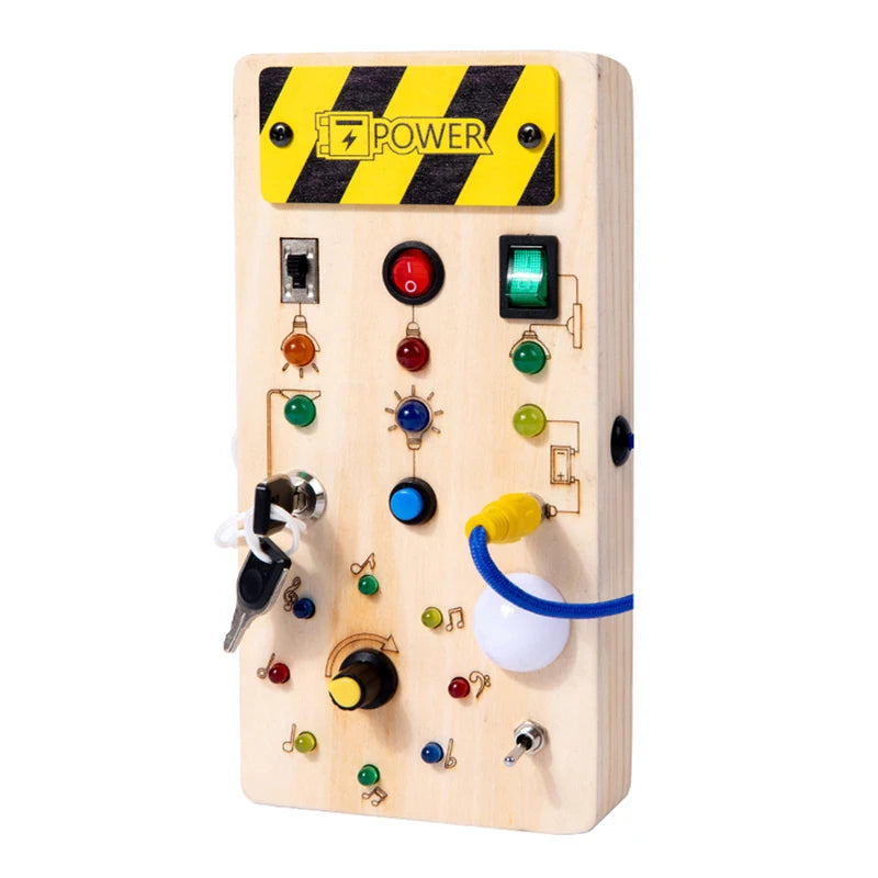 Wooden Sensory Busy Board with LED Light Switch for Children 2-4 Years