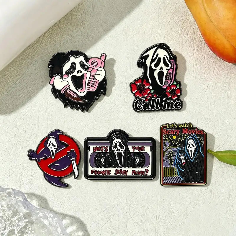 5-Piece Gothic Skull Enamel Brooch Set - Punk Metal Badge Jewelry Halloween Gifts