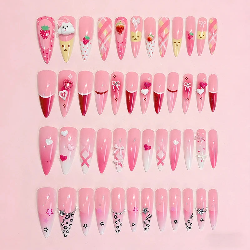 3D Pink Sweet Bow Heart Fake Nails Long Almond False Nails with Rhinestones