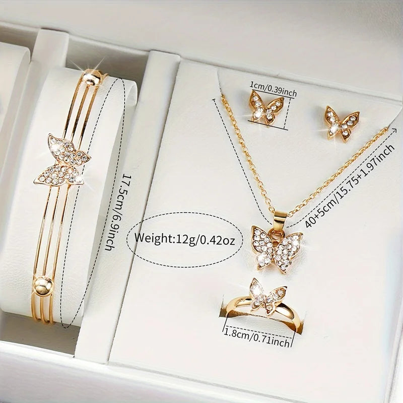 Fashion Women's Heart Watch Set with Jewelry - Plastic Band, Gold, 6 Pieces
