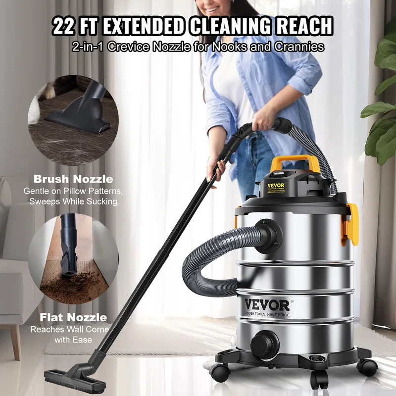 Stainless Steel Wet Dry Shop Vacuum Cleaner with Powerful Suction for Carpet and Pet Hair