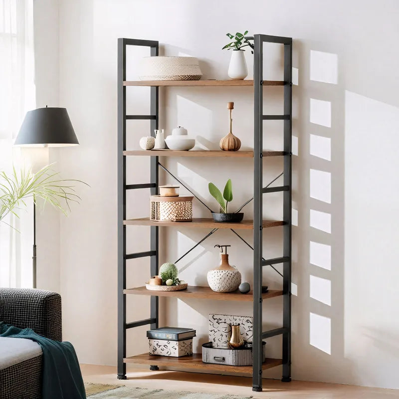 5-Tier Bookshelf Storage Organizer - Vintage Home Office & Living Room Shelving Unit
