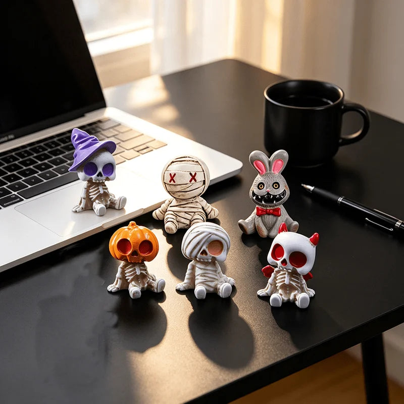 Halloween Resin Skeleton Mummy Figurines Set for DIY Miniature Decor - 6 Pieces