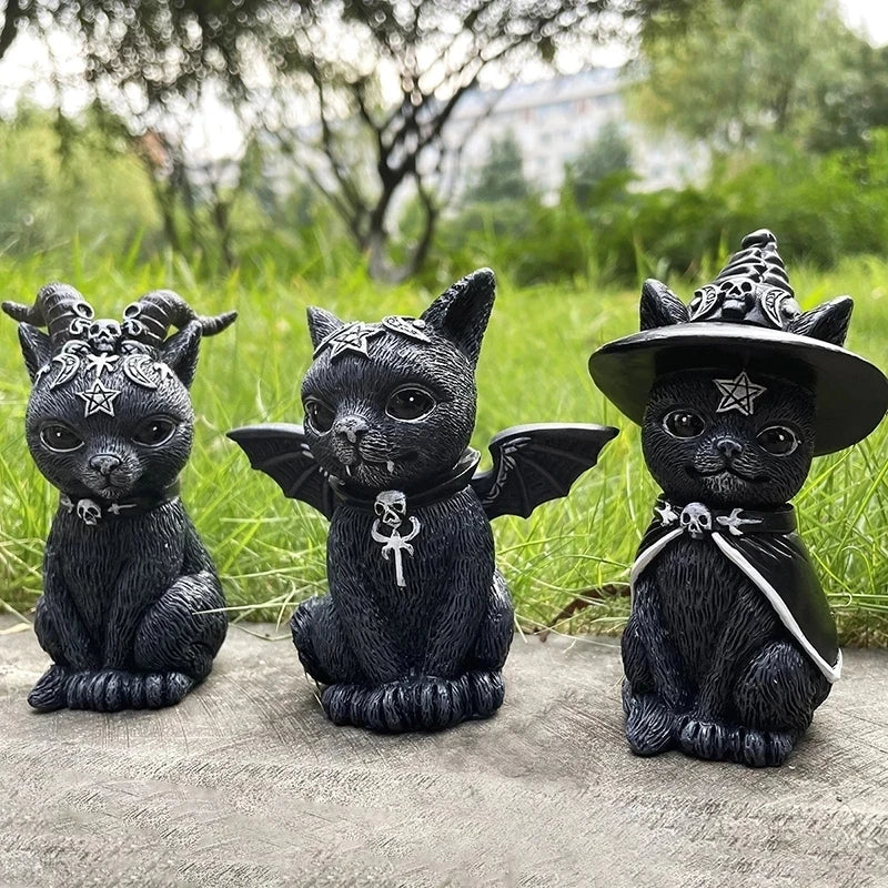 Halloween Garden Witch Cat Sculpture - Gothic Miniature Wizard Ornament