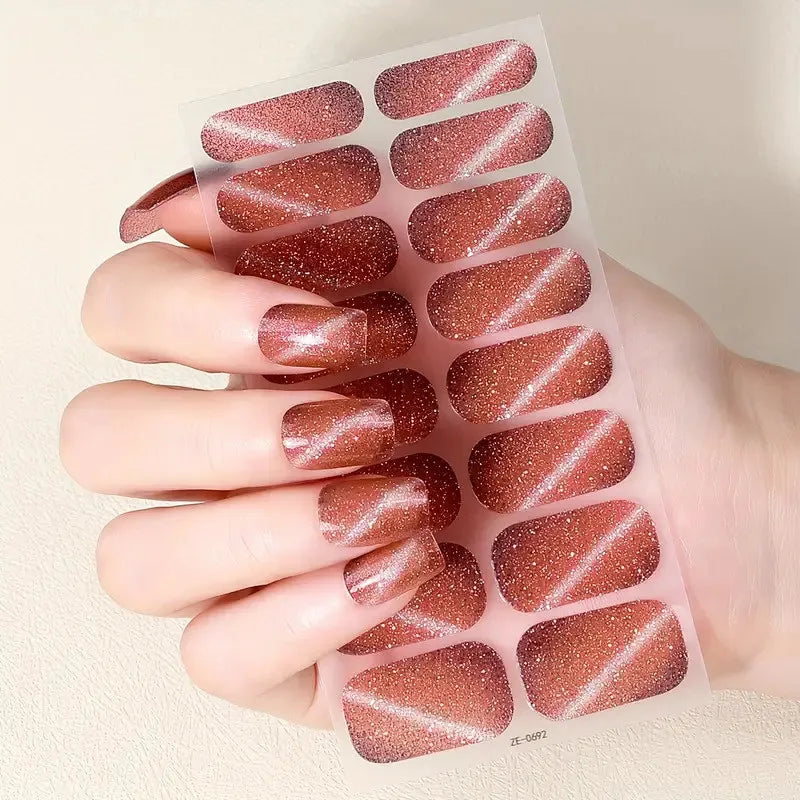 Pink Glitter Nail Stickers - Self-Adhesive Full Wrap Gel Nail Art Decals for Women