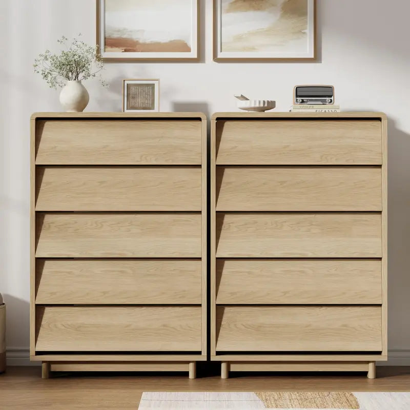 Modern 5-Drawer Wood Dresser with Handle-Free Curved Edges - Bedroom & Living Room Storage