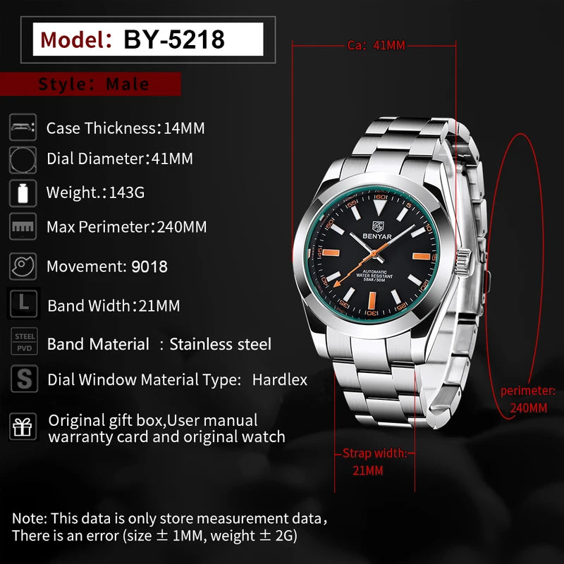 Men's Luxury Automatic Mechanical Waterproof Sports Watch 50M Luminous Dial