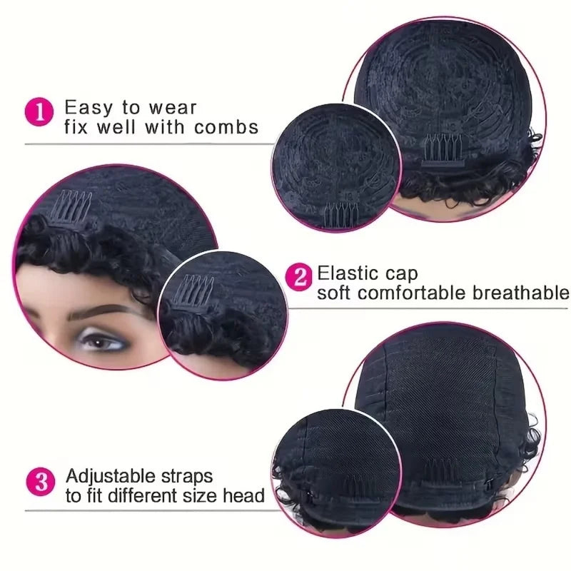 Short Pixie Curly Wig for Black Women - 8 Inch Human Hair Afro Bob with Bangs