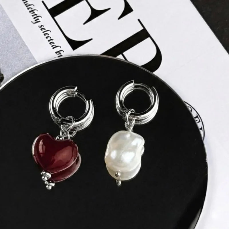 Geometric Irregular Stereo Heart-Shaped Earrings for Women - Asymmetrical Pearl Jewelry
