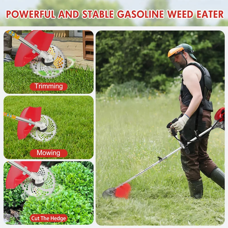 Gasoline Lawn Mower 52cc 2-Stroke 4-in-1 Trimmer with Adjustable Shaft and 4 Heads