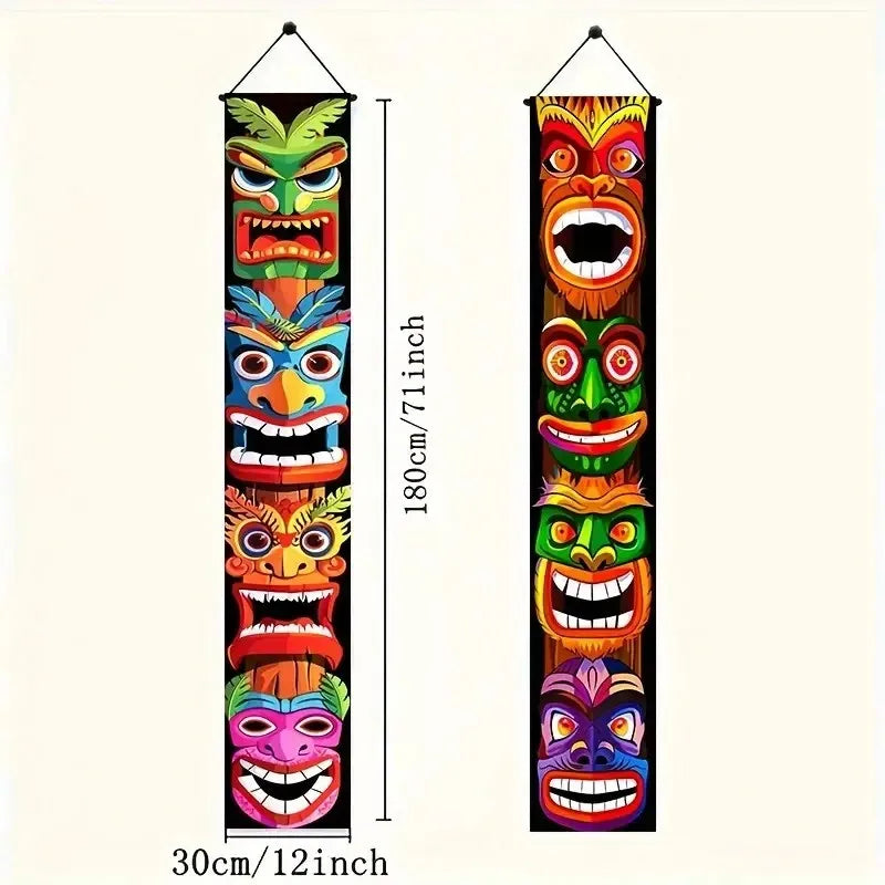 2-Piece Hawaiian Tiki Door Flag Set with Aloha Tropical Logo for Party and Decor
