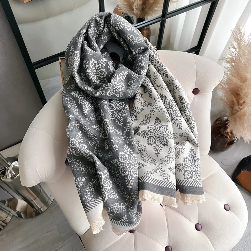 Luxury Ethnic Style Two-Sided Pashmina Scarf with Fringe - Soft Warm Winter Shawl