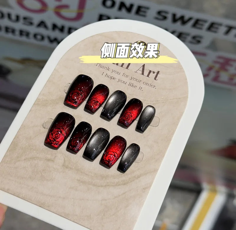 10pcs Handmade Press On Nails with Glass Beads and Cat's Eye Effect for Women & Girls Halloween