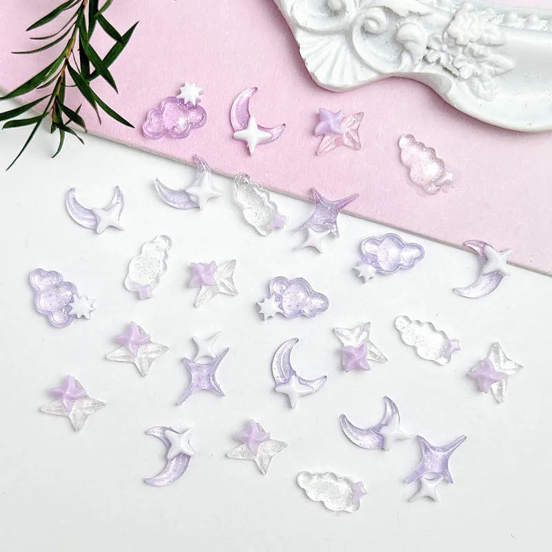 50PCS Transparent Resin Moon Cloud Nail Charms with Sparkling Star for DIY Nail Art