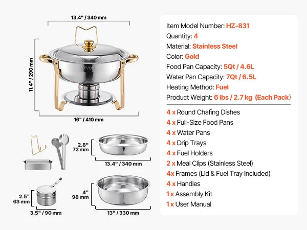 4 Pack Stainless Steel Chafing Dish Buffet Set with Full Size Pans for Catering & Parties