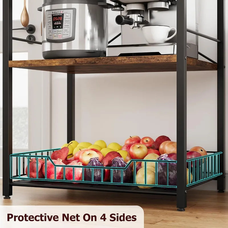4-Tier Kitchen Storage Rack with Microwave Stand and Hooks - Industrial Style Organizer