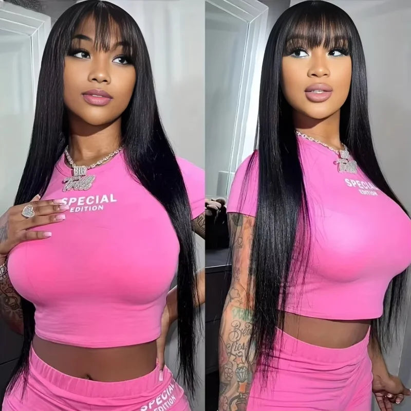 Long Human Hair Wig 30 Inch 180-200% Density with Bangs & Lace Front for Women
