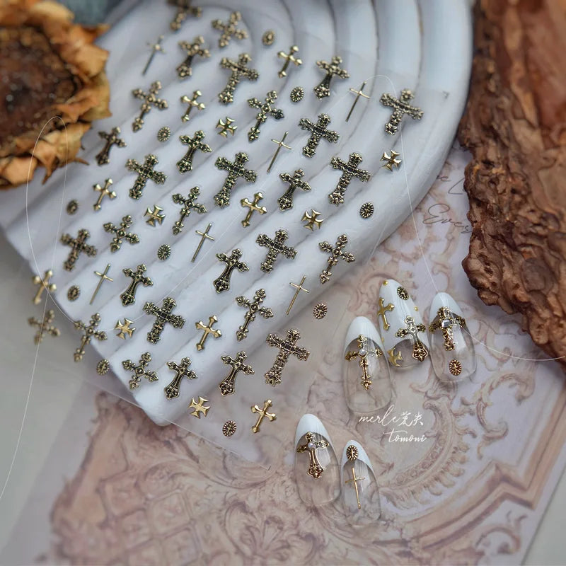 Dark Retro Metallic Nail Stickers - Cross Design Self-Adhesive Nail Art Decorations