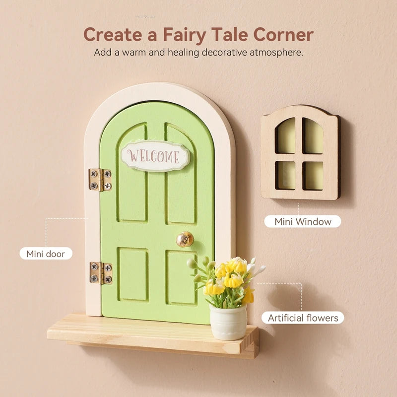 Mini Fairy Elf Door Decor for Dollhouses, Wooden Wall Ornament with Glow in Dark Windows - Fairy Tale Craft Accessory