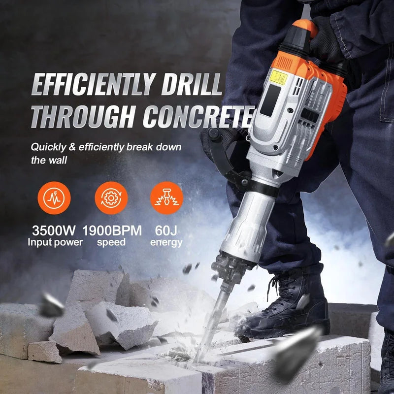 Heavy Duty Demolition Jack Hammer 1500W-3500W with Chisels - Professional Concrete Breaker