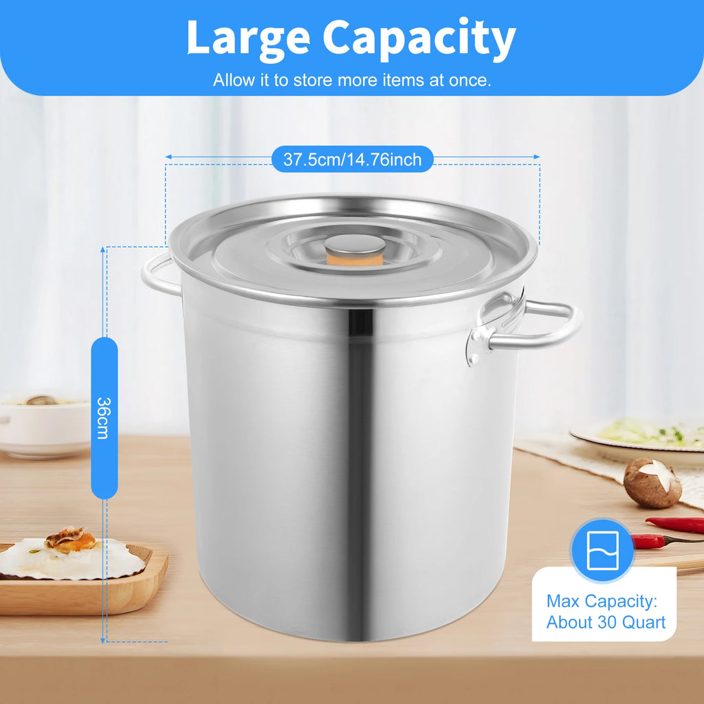 35L Stainless Steel Stock Pot with Lid & Handles - Multi-Functional Kitchen Cookware