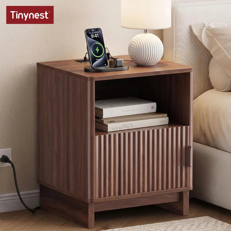 Nightstand with Charging Station, Fluted Wood Side Table with Storage Drawers