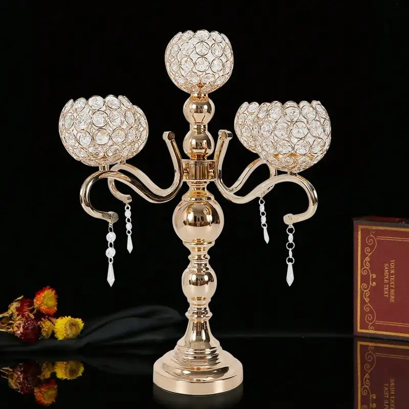 Gold Plated 5-Arm Crystal Candle Holder Tabletop Candelabra for Wedding & Home Decor