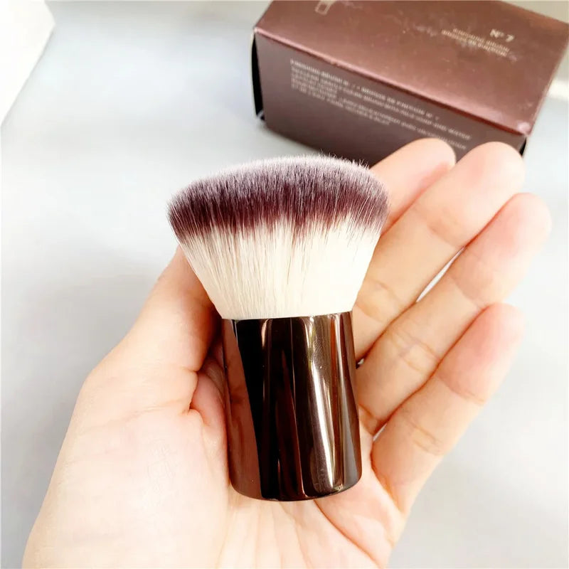 Portable Powder & Blush Makeup Brush - Finishing Kabuki Brush, Brown Metal Handle