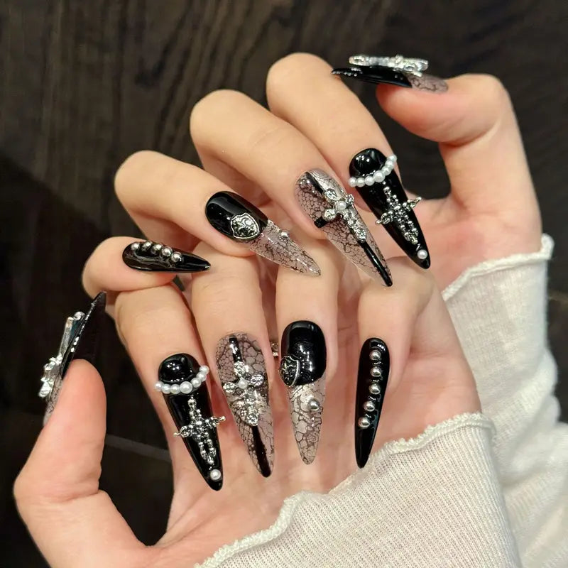 10PCS Handmade Stiletto False Nails Set Cross Y2K Dark Wind Party & Daily Wear