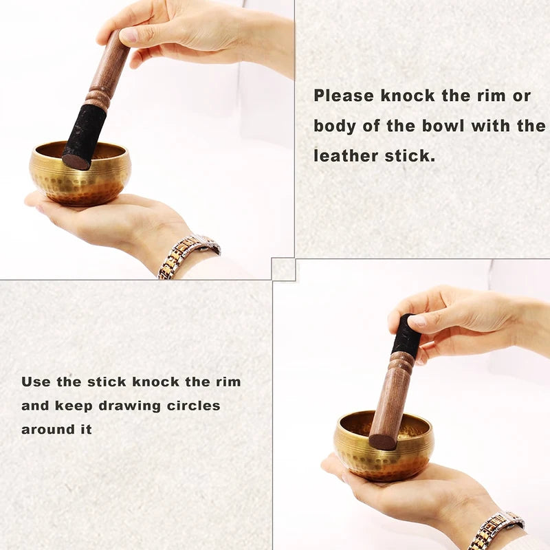 Handcrafted Brass Singing Bowl Set for Meditation Yoga Stress Relief Home Decor