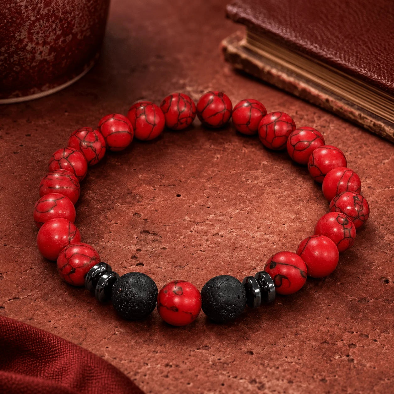 Red and Black Beaded Bracelet with Red Stone-Like Textures - Gift Ready
