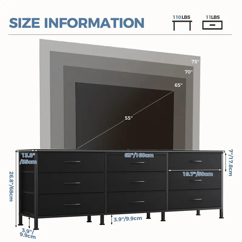 Long Living Room Cabinet with 9 Fabric Drawers - TV Storage & Display Furniture