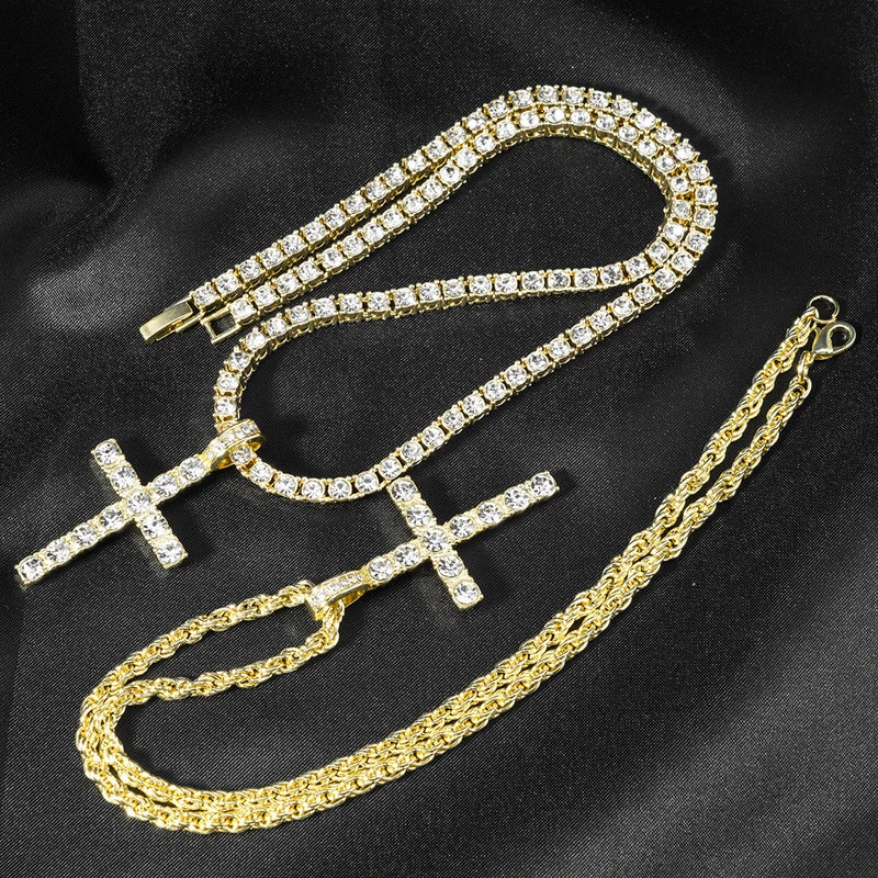 Hip Hop Cross Pendant Necklace Chain Men Women Sparkling Zircon Jewelry