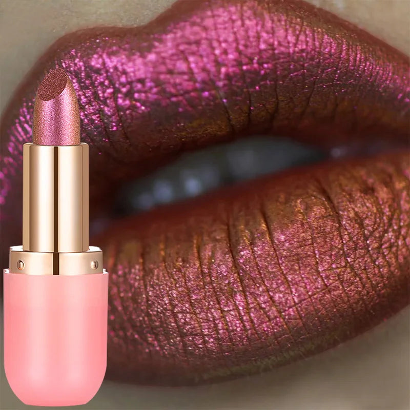 Color Changing Metallic Lipstick with Glitter & Pearl Shine Waterproof Lip Gloss